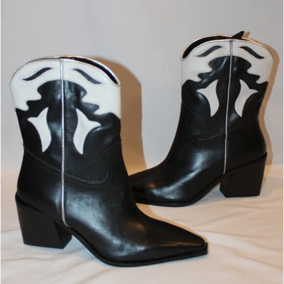 NEW 42 GOLD BARTLETT LEATHER WOMEN'S COWBOY BOOTS BLACK WHITE‎ SZ 6 - Picture 1 of 5